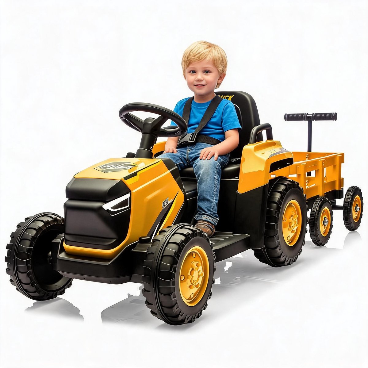 Danky-Elektrische Opzittractor 12V voor Kinderen — Rijdt vooruit & achteruit, 2,4G Afstandsbediening, Dubbele Aandrijving 2×390W Motor, Inclusief Oplader, Voor 3-6 Jaar, Geel