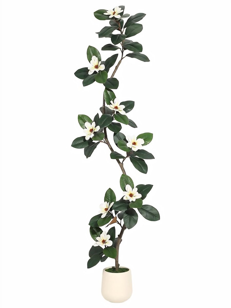 Kunst Rubberboom met Magnolia Bloemen 213cm - S-Vormig Realistisch design - Groen Kunststof met Witte Pot - Zwart