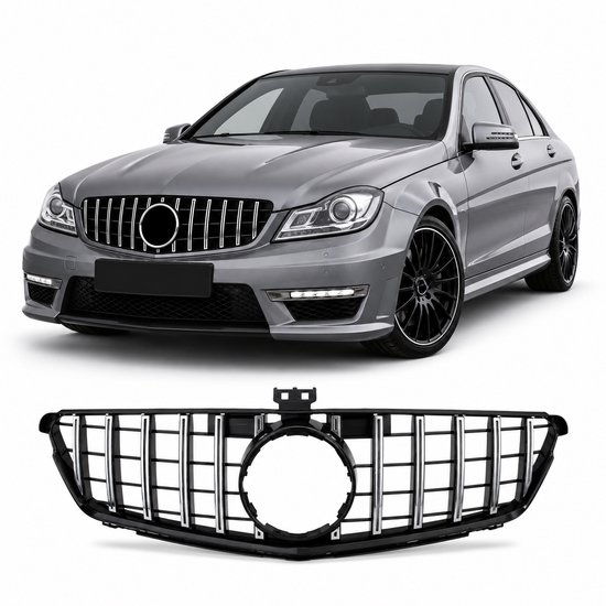 Grijze sedan met glanzend zwarte Panamericana grille met chromen spijlen en een losse, bijpassende grille eronder.