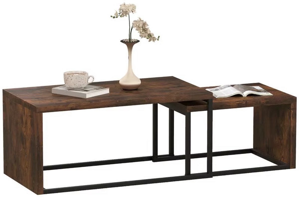 JOYNEXTBUY - Salontafel Set van 2 - Industriële Nesttafels met Houtlook Blad en Stalen Frame - Voor Woonkamer - Walnoot - Houtlook