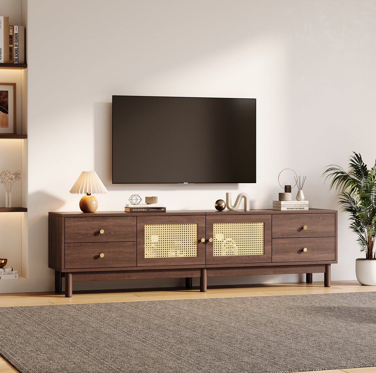COVREO TV-meubel 180 x 35 x 44 cm - bruin, 4 lades, 2 rotan deuren, kabelmanagement