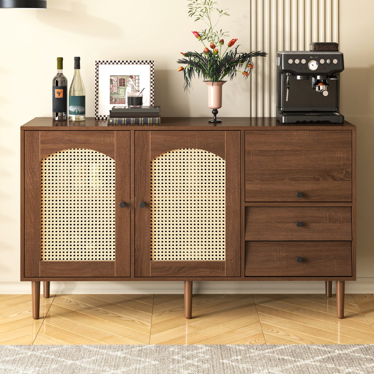 COVREO Dressoir 130 x 40 x 75,5 cm - met rattandeuren, lades en verstelbare planken