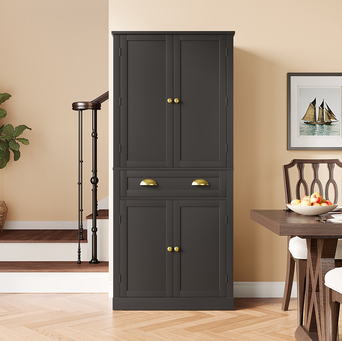 COVREO Keukenkast 80 x 40 x 182 cm - 4 deuren, 1 lade, verstelbare planken, zwart