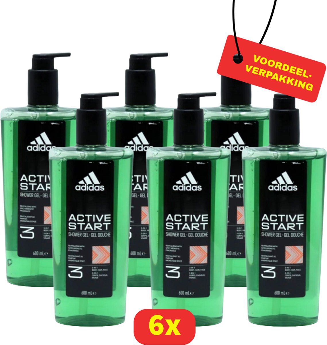 Adidas Active start 3-in-1 Douchegel met Pomp – Lichaam, Gezicht & Haar – 6x 600 ml - Voordeelverpakking!