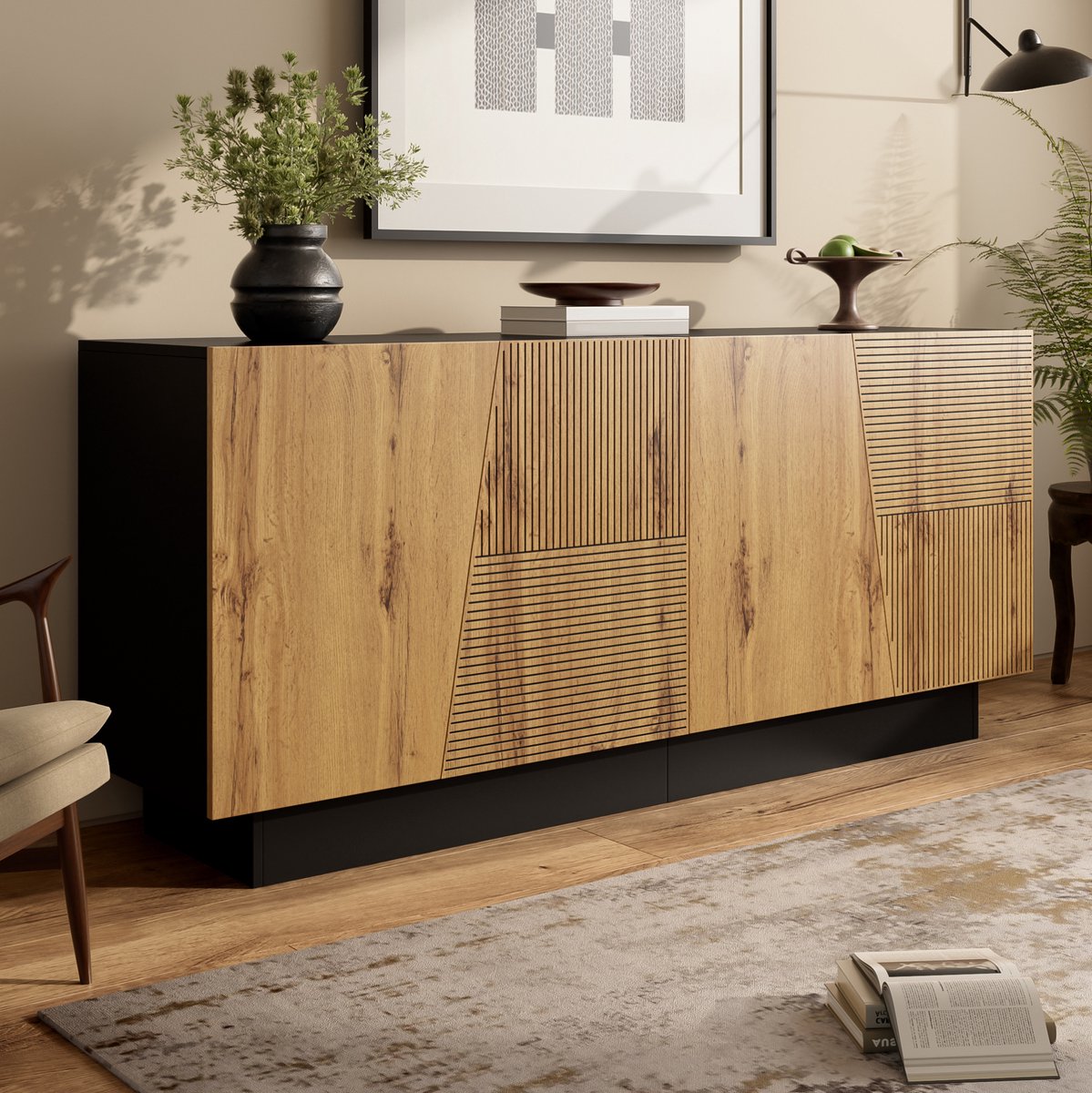 COVREO dressoir 160 x 40 x 72 cm - opbergkast met verstelbare plank, zwart en houtkleur