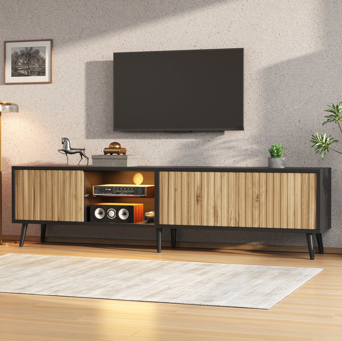 COVREO tv-meubel 175 x 31 x 43,5 cm - LED, 3 deuren, naturel hout en zwart Natuurlijk hout