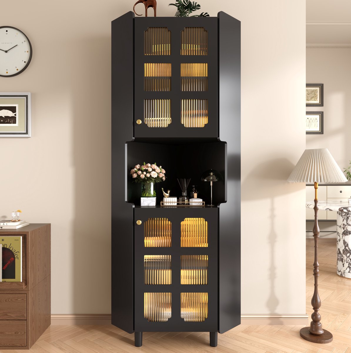 COVREO Hoekkast 63,5 x 59,5 x 157,5 cm - MDF, glazen deuren, LED-verlichting, zwart