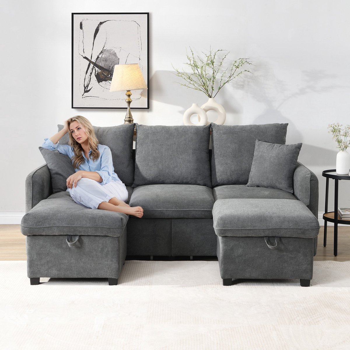 YYchan modulaire bank met hocker - grijs - 188 x 186 x 86 cm - met opbergruimte