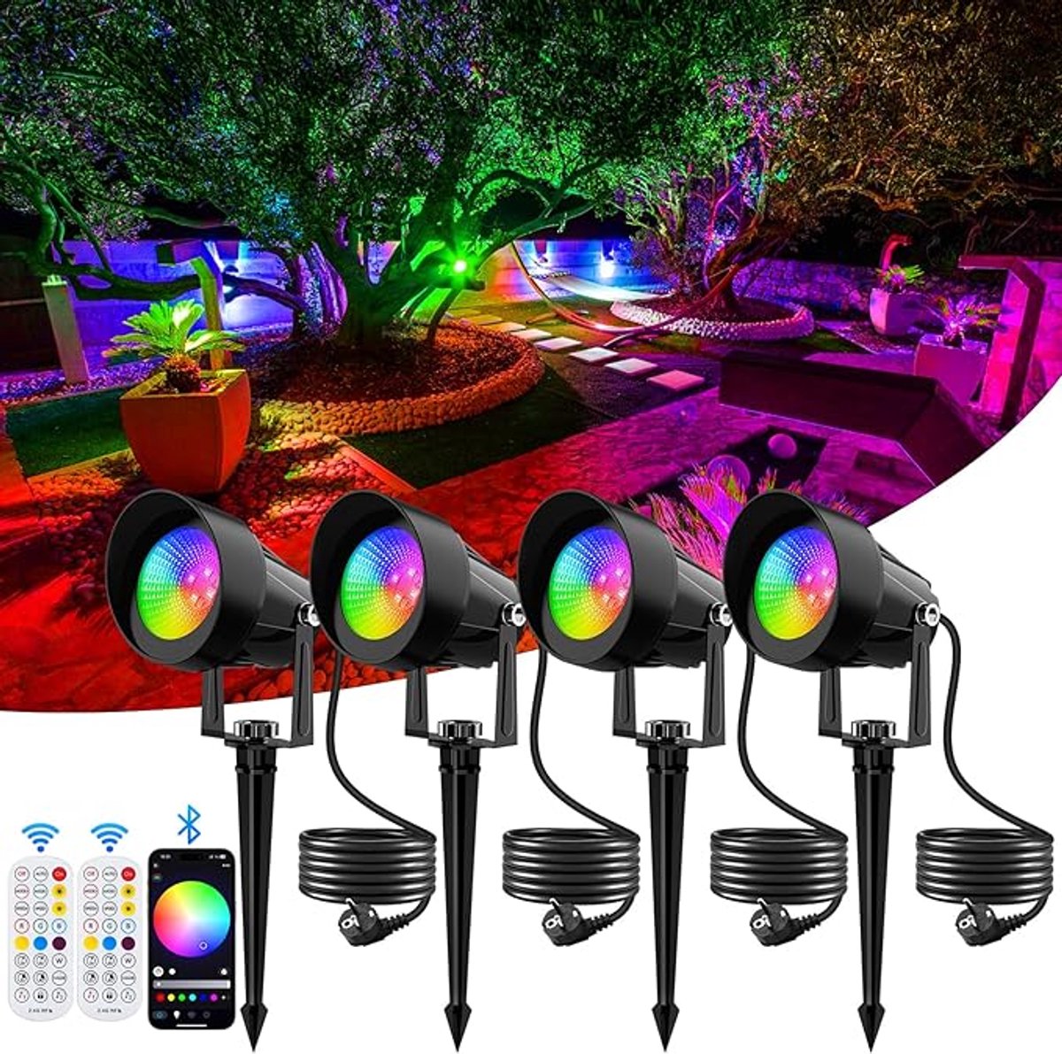 RGB LED Tuinverlichting Set Van 4 - Bedrade Buiten Spots Met Bluetooth Bediening - IP65 Waterdichte Tuinspots Met Kleurverandering - Sfeerverlichting Voor Tuin, Terras, Halloween, Kerst En Feestdecoratie