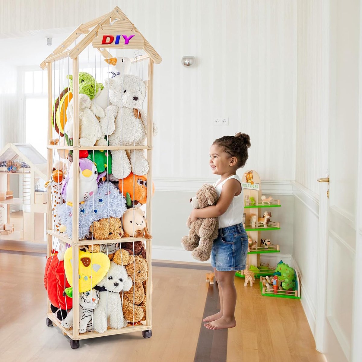SnelShoppen - Houten knuffeldier opslag met wielen, 150 x 40 x 40 cm, ideaal voor kinderkamer, speelkamer en woonkamer, met 360 graden rem
