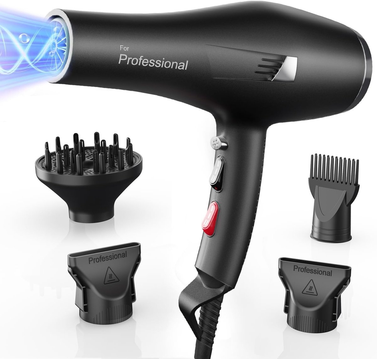 SnelShoppen - Professionele Haardroger met Diffuser en 2 Styling Nozzles, 3 Warmte- en 2 Snelheidsinstellingen, 2.5 m Kabel, Krachtige Ion Haardroger
