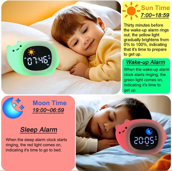 Alarm Clock Night Light with 8 Colors Light and 6 White Noises, Sleep Training Digital Clock, Adjustable Bright and Sound, Gifts for Kids - Cat — afbeelding 4
