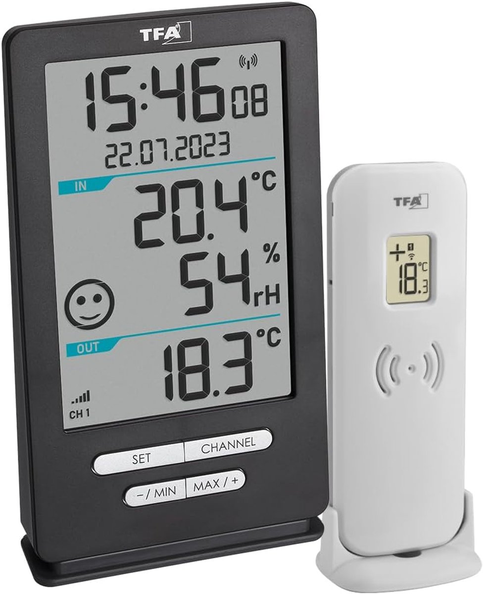 Thijox - Draadloze Thermometer XENA HOME - Binnen- en Buitentemperatuurmeting - Luchtvochtigheid, Max.-Min. Waarden, Klok - Antraciet - Perfect voor T