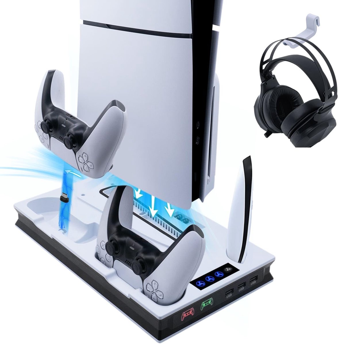 Thijox - Verticaal PS5 Slim Ventilator-stand-koelstation met dubbele controlleroplader voor PS5/PS5 Slim/PS5 PRO UHD/Digital Edition - Speel langer, k