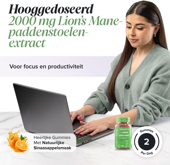 Vrouw met laptop, met product "Lion's Mane Gummies" en sinaasappels. "Hooggedoseerd 2000 mg Lion's Mane-paddenstoelenextract".