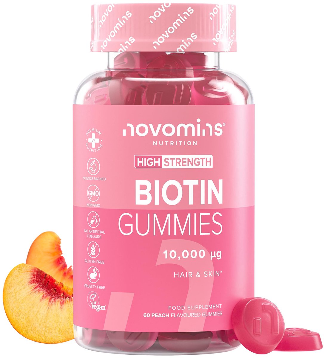 Biotine 10.000 mcg, 2 Maanden Voorraad, 60 Gummies, Vegan, Halal, Getest door Eurofins, Novomins
