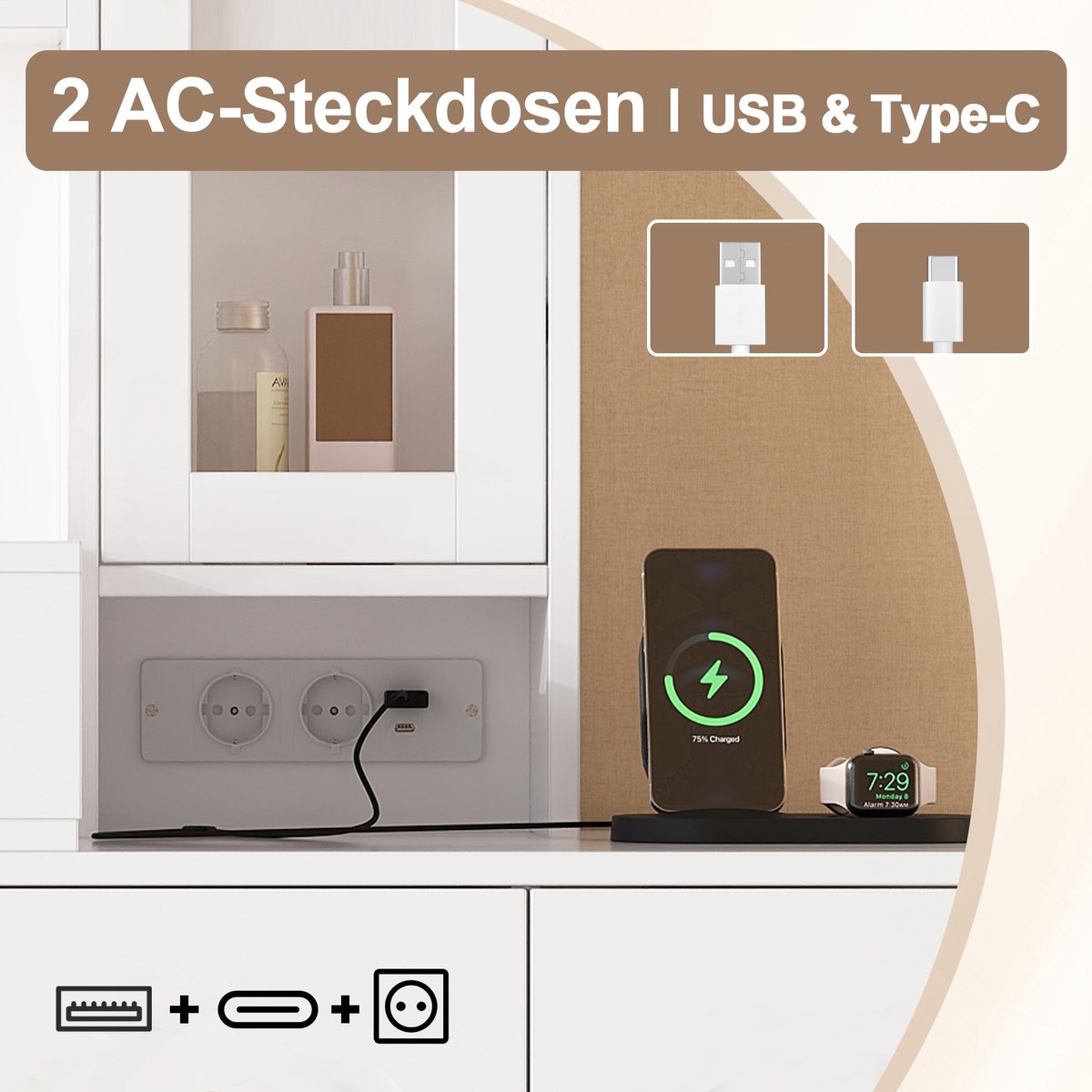 YYchan kaptafel - wit - 131,5 x 40 x 140 cm - met opbergruimte - met LED-verlichting - met stopcontact