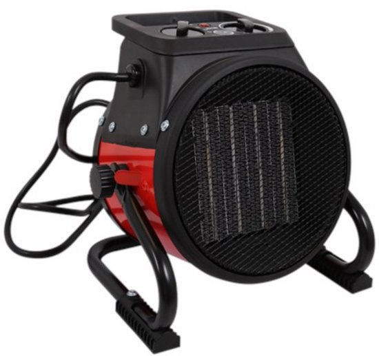 Kelfort keramische ventilatorkachel met zwart rooster, rood omhulsel en snoer, op een zwarte standaard.