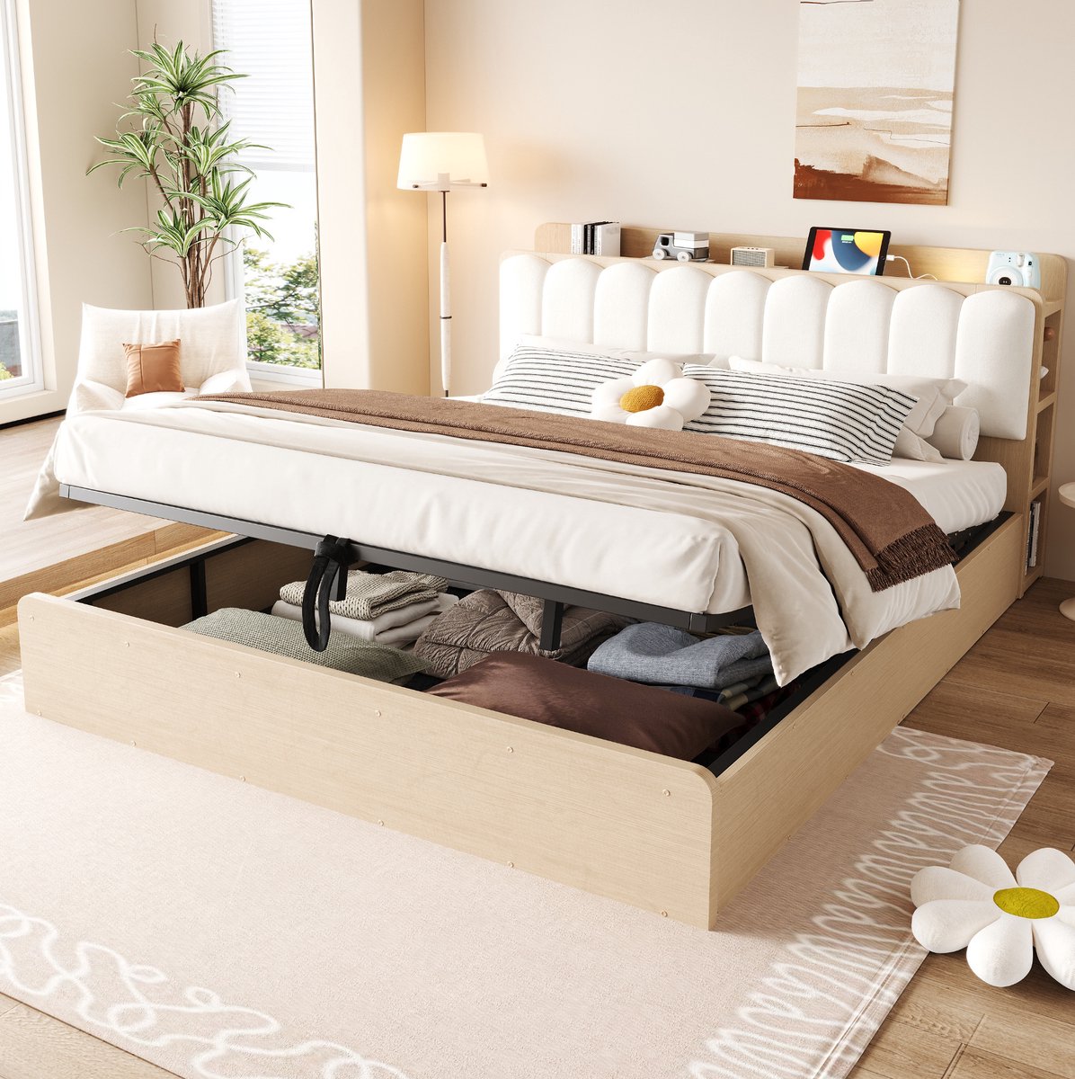OKWISH Gestoffeerd Bed 180x200 cm - Hydraulisch Bed Met Opbergruimte En USB - Hoofdbord Met Opbergvakken En Nachtlamp - Houtkleur En Wit - Zonder Matras