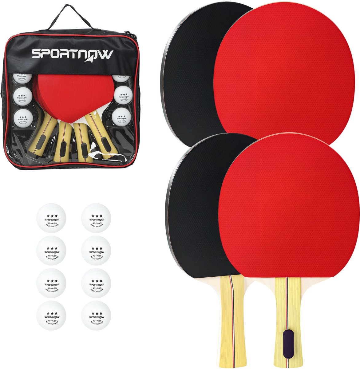 Bresht Pingpongset - Tafeltennisset - 4 batjes - 8 ballen - Ergonomische handgrepen - Zwart en rood - 25,8 × 15,2 × 0,7 cm