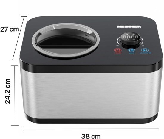 Heinner SweetFreeze IJsmachine - 120 W - 1,5 L - Ingebouwde Compressor - LED-display - Touchbediening & Draaiknop - IJs-, Yoghurt-, Meng- & Koelfunctie - Uitneembare IJskom - Zwart/RVS van Heinner — afbeelding 3