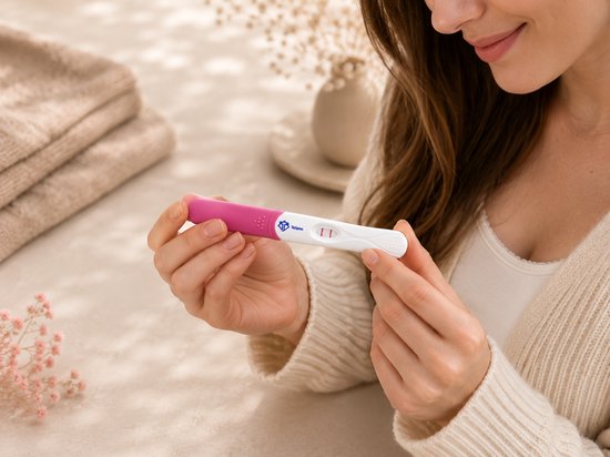 Vrouw houdt zwangerschapstest met twee roze streepjes vast. Zachte achtergrond.