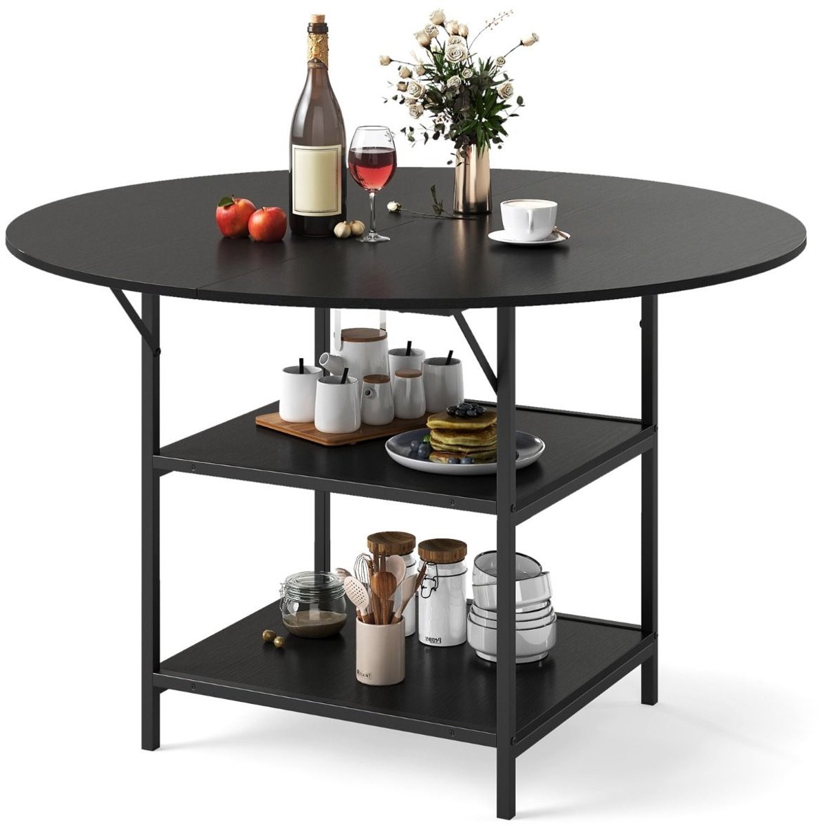 SureDeal® - Eettafel - Rond - Personen Landhuiskeukentafel - 2-laags Open Opbergvak - Meta