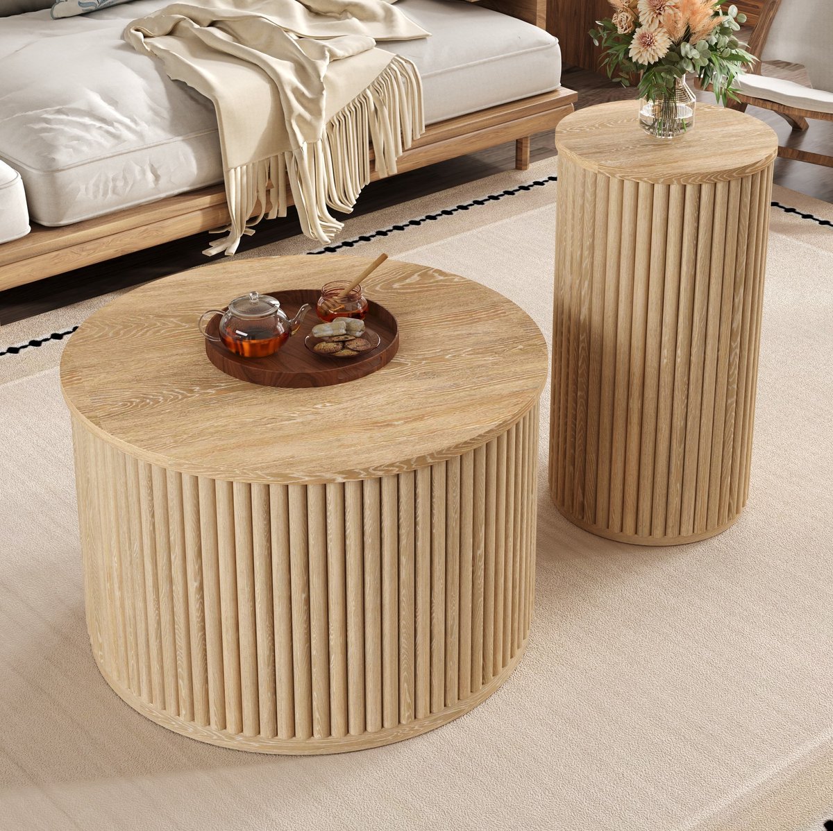 COVREO salontafel set van 2 60 x 60 x 56 cm - rond MDF in naturel met verticale stroken