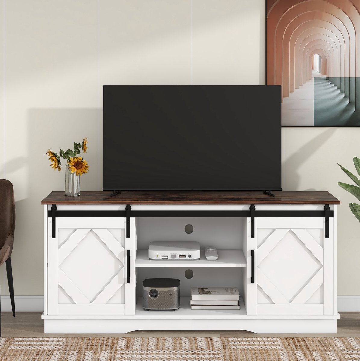 COVREO tv meubel 150 x 40 x 60 cm - met schuifdeuren, verstelbare planken, wit bruin