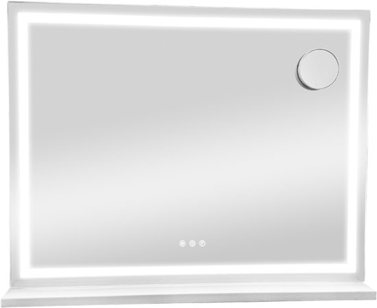 Witte OMNIEXA make-upspiegel met heldere LED-verlichting rondom, een rechthoekig frame, drie touch-knoppen aan de onderzijde en een verlichte cirkel rechtsboven.