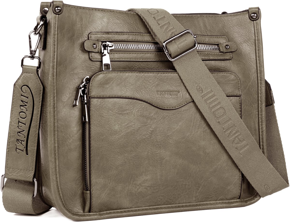 TANTOMI - Schoudertas Dames - met 6 RFID-Kaartsleuven - Multi-rits ontwerp - Middelgrote Schoudertas Dames Crossbodytas - met Brede Band Verstelbare en Afneembare - Taupe