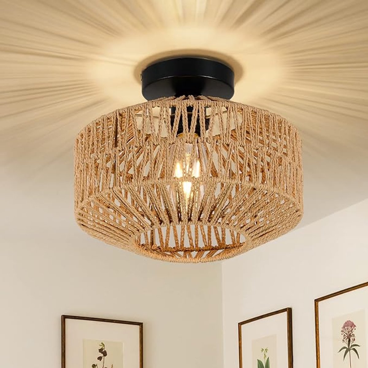 Hangende Plafondlamp Met Rotan Kap - Boho Bamboe Hanglamp - Vintage Rustieke Plafondverlichting - Natuurlijke Rotan Lamp Voor Woonkamer, Slaapkamer, Keuken En Hal