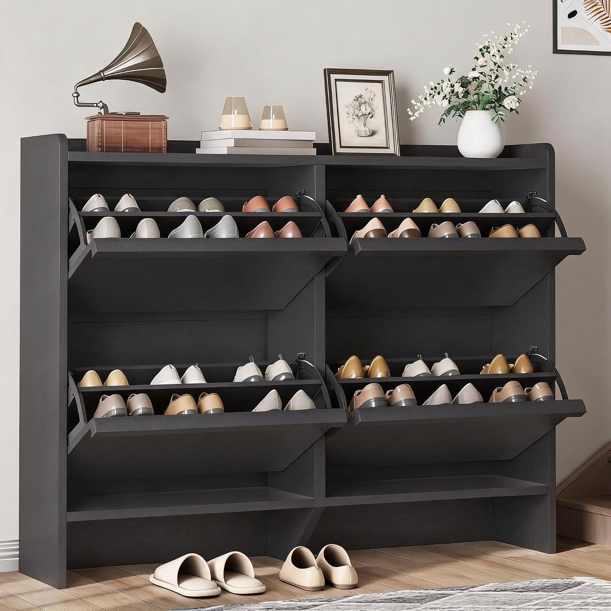 Schoenenkast met 4 Kantellades - Zwart - Ruimtebesparende Schoenencarrousel - Geschikt voor 24 tot 32 Paar Schoenen - Met Verstelbare Planken & Anti-Kantelbeveiliging - 120 x 33 x 91 cm