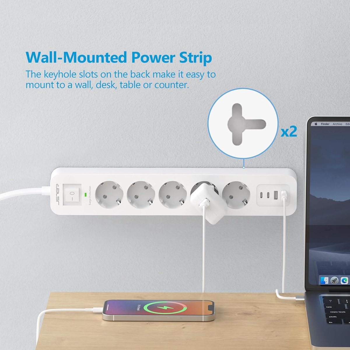 Thijox - 5-voudige Stekkerdoos met 4 USB-oplaadpoorten, Overspanningsbeveiliging, Schakelaar en 2m Kabel voor Smartphones en Laptops - Wandmontage, Wi