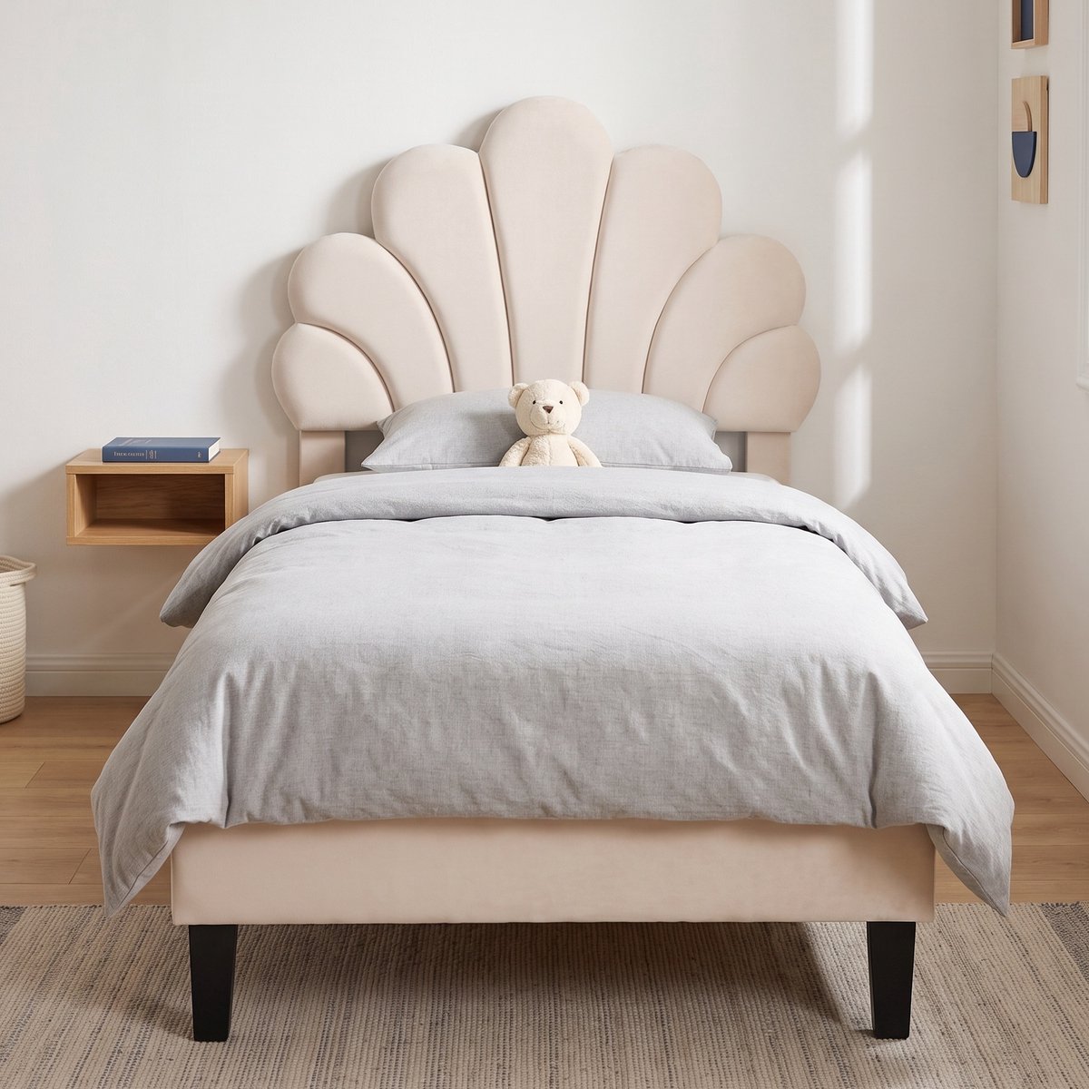 Gestoffeerd Fluwelen bed - Eenpersoonsbed 90x200 cm - Kinderbed met Verstelbaar bloemvormig hoofdbord en Lattenbodem - Beige