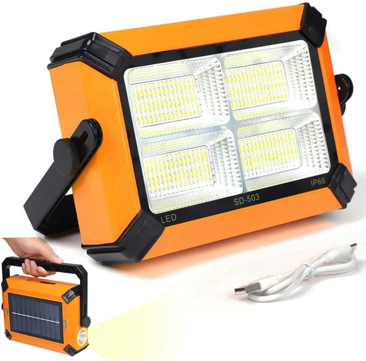 Architectuurverlichting - Werkt op zonne-energie - 360° LED-werklamp - IP66 waterdicht - 180° draaibare beugel - 120W - 12.000 lumen schijnwerper - Met zaklamp - 5 lichtstanden - Geschikt voor kamperen, autoreparatie, noodgevallen en bouwplaatsen