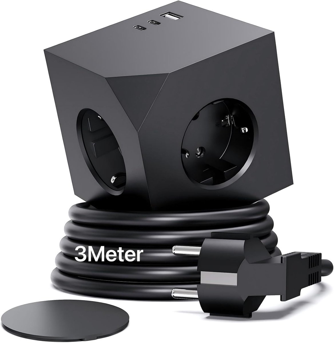 Thijox - PD20W Stekkerkubus 6-in-1 met 2 USB-C en 1 USB-A, 3 Meter Verlengkabel, Zwart, Ideaal voor Thuis, Kantoor, Feest en Camping