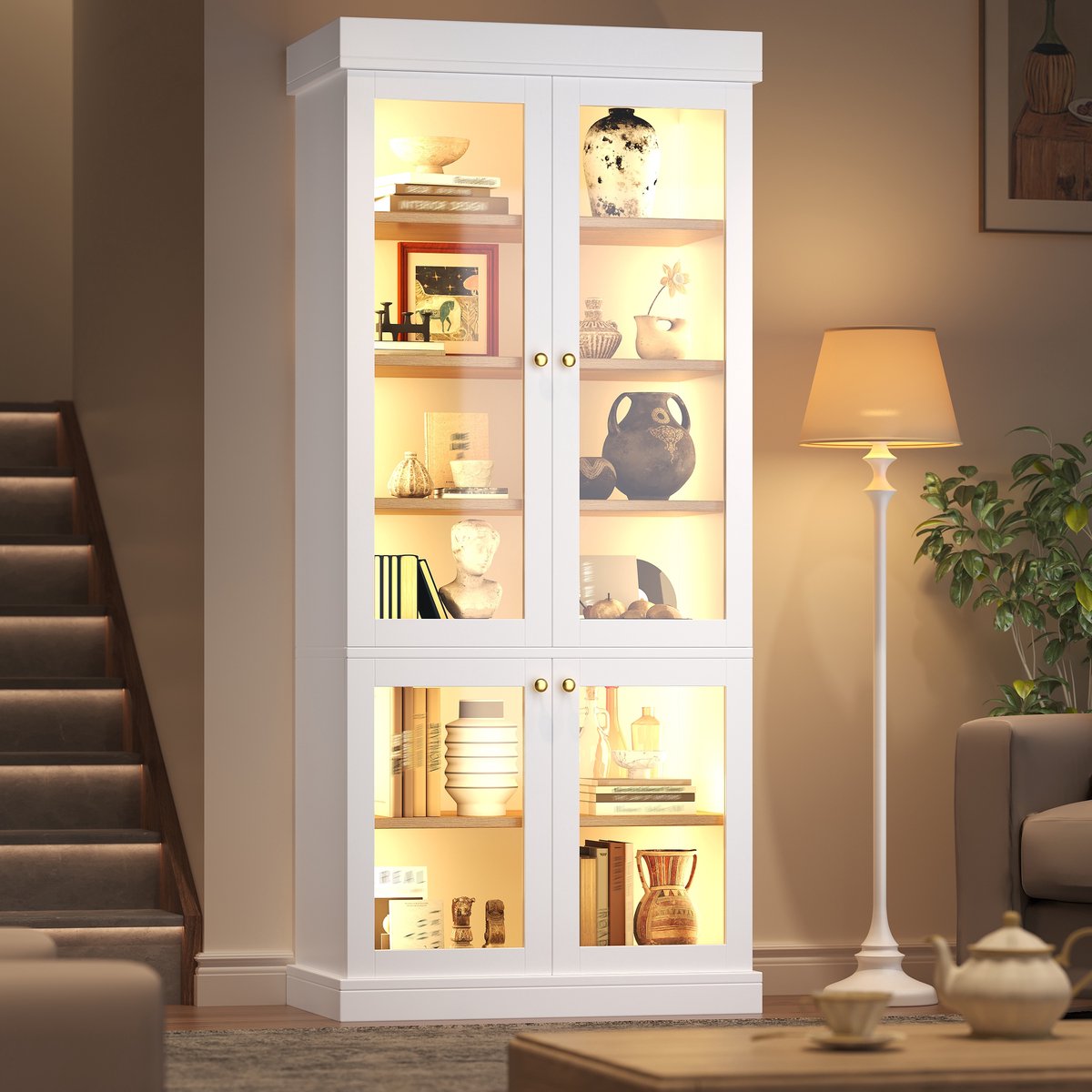 PHOEBE CAT Vitrinekast - Boekenkast - LED-verlichting - Glazen deuren - Kantelbeveiliging - Wit