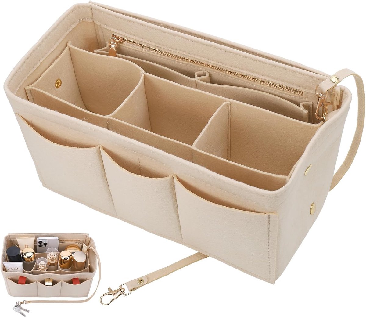 SnelShoppen - Handbag Organiser - Multi-Pocket Tas Organizer Beige L - 30x17x16 cm - Vilt Tas Inzet - Perfect voor Dames en Meisjes - Ideaal voor Shop