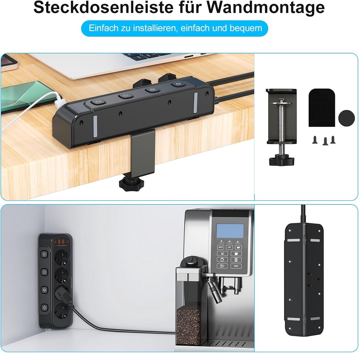 Thijox - Tafelstopcontact met USB C, 20W, 4-voudig Meervoudig Stopcontact met Schakelaar, Overspanningsbeveiliging, 2m Kabel, Zwart, Perfect voor Thui
