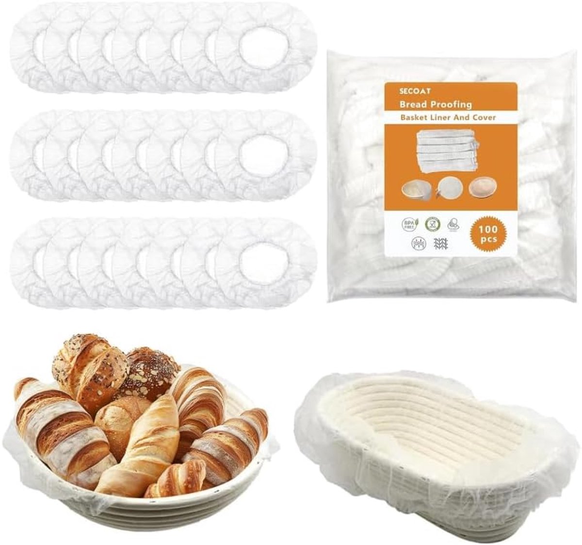 Thijox - 200 Fermentatiemandjes Vliesinzetstukken - BPA-vrij Banneton Broodgistmand Inzet, Anti-aanbak Deegdoek voor Zuurdesembrood Bakken, Deeggistin