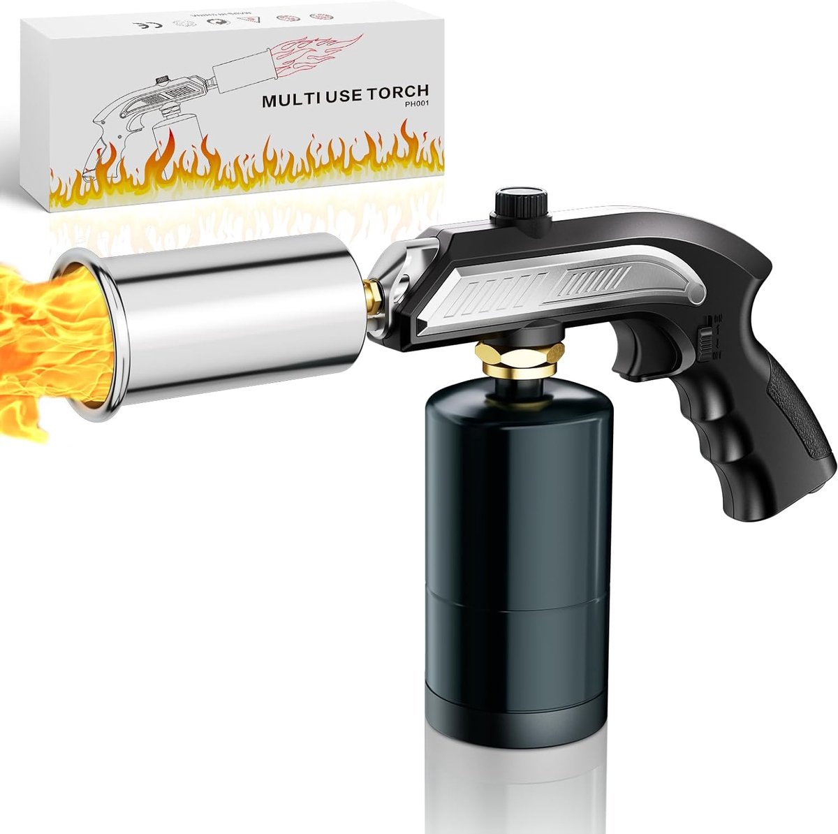 Thijox - Propaanbrander Keuken Kookbrander met Aansteker, Veiligheidsslot en Verstelbare Vlammenwerper voor Grill, Sous Vide, BBQ (Zwart en Zilver)