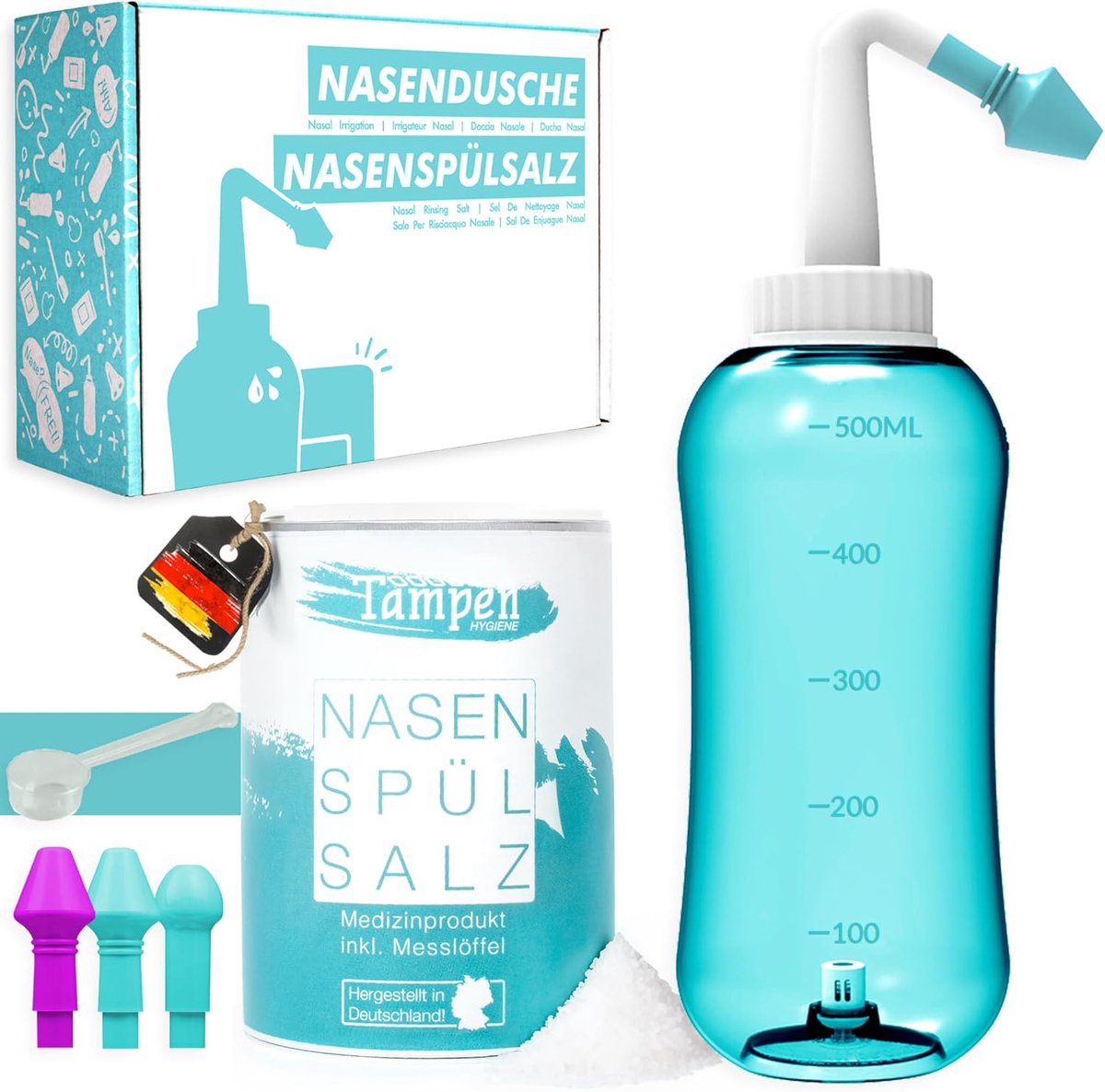 SnelShoppen - Neusdouche Set met 120x Neusspoelzout (300g) en Doseerlepel - 3 Opzetstukken voor Volwassenen en Kinderen - Premium Neusreiniging en Hyg
