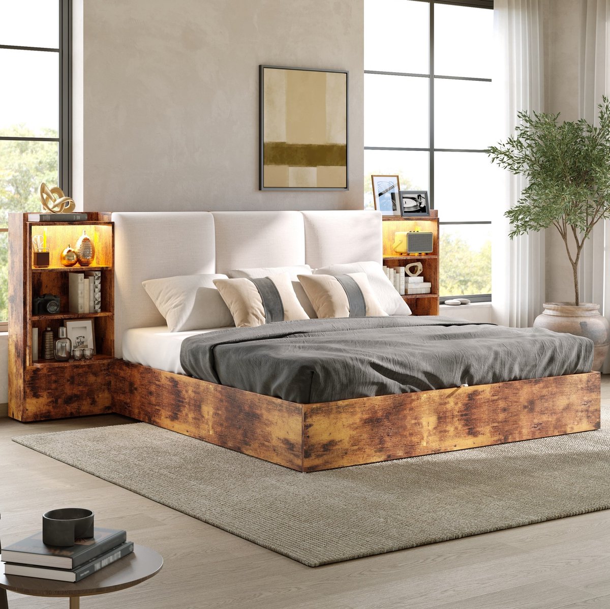 OKWISH Gestoffeerd Bed 180x200 cm - Tweepersoonsbed Met LED-Verlichting - Hydraulische Opbergruimte En 6 Vakken - Hout En MDF - Bruin - Zonder Matras