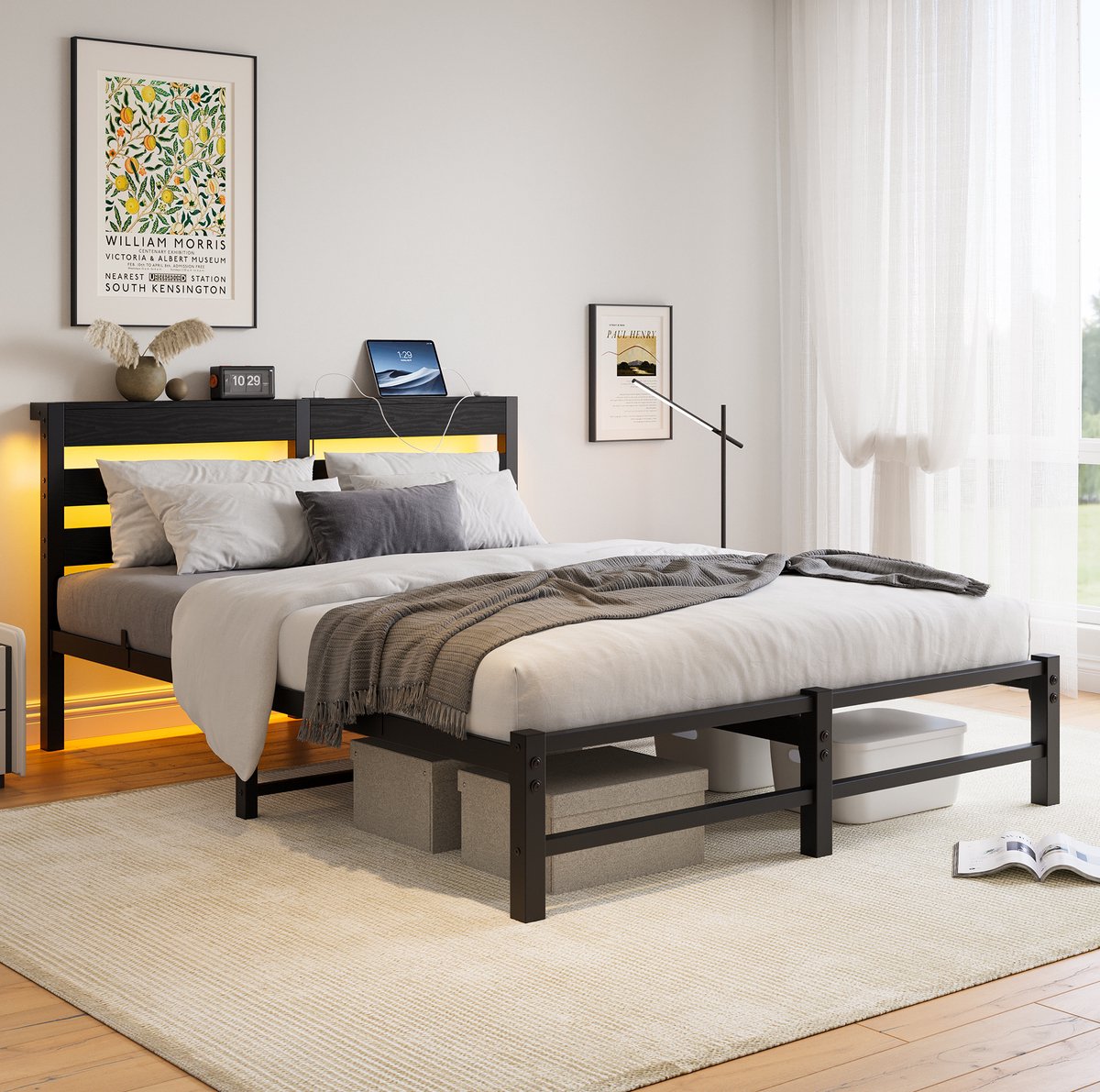 OKWISH Metalen Bed 140x190 cm - Met Ledverlichting en Usb-Oplaadpunten - Lattenbodem - Opbergruimte Onder Het Bed - Zonder Matras - Zwart