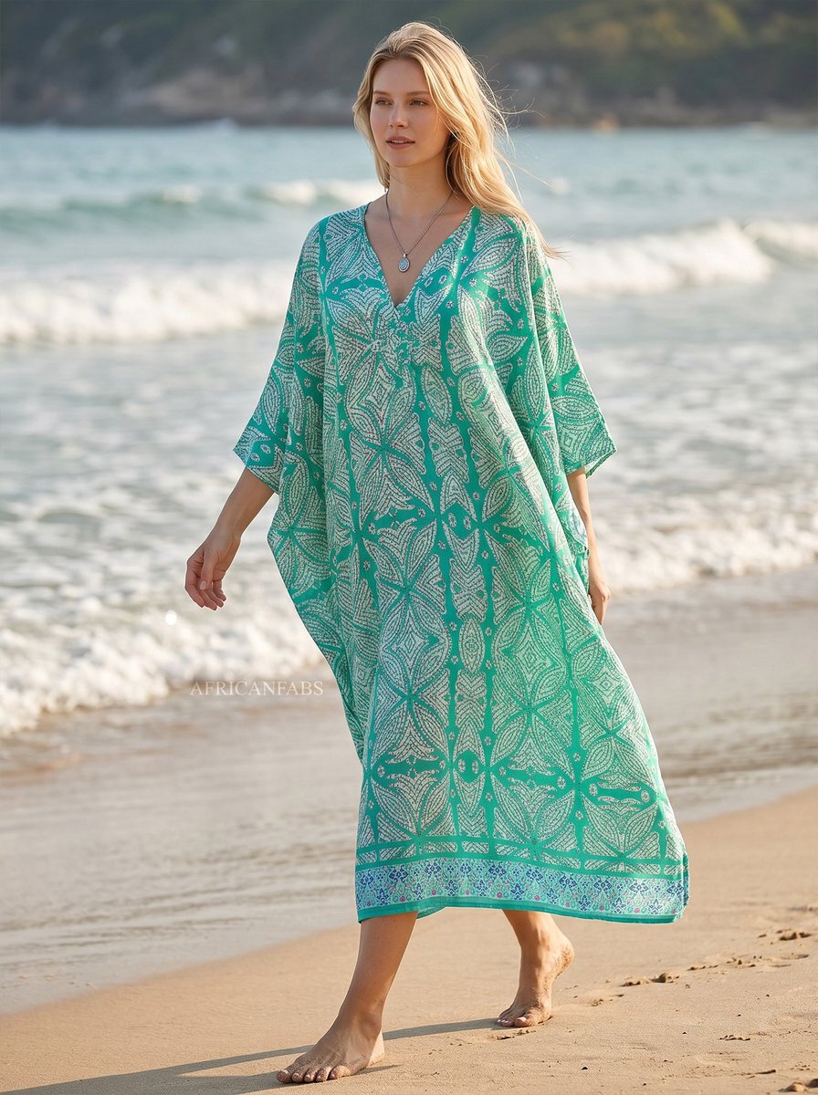 Boho rayon kaftan jurk - Turkoois Sea Fern - Strand Cover Up Caftan Maxi Jurk