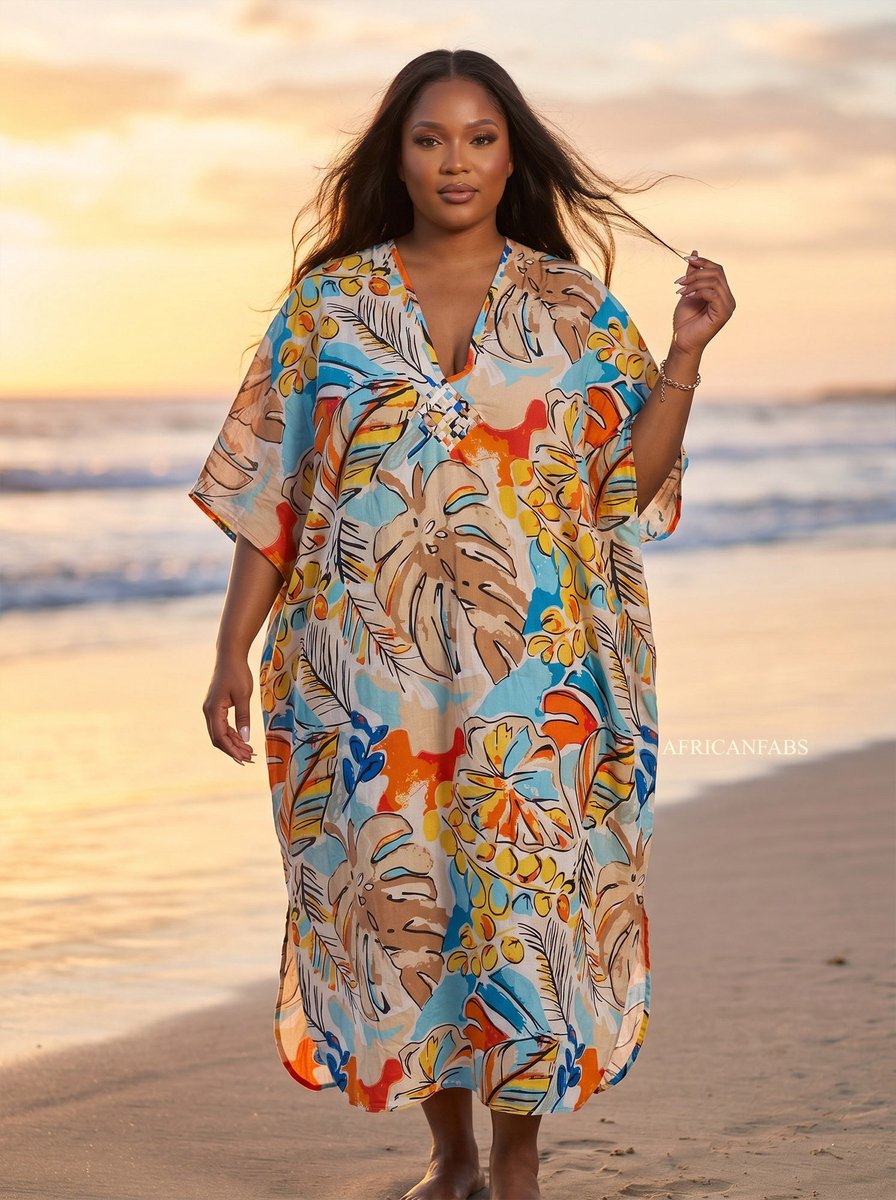 Boho rayon kaftan jurk - Beige Lichtblauw Coastal Leaves - Strand Cover Up Caftan Maxi Jurk