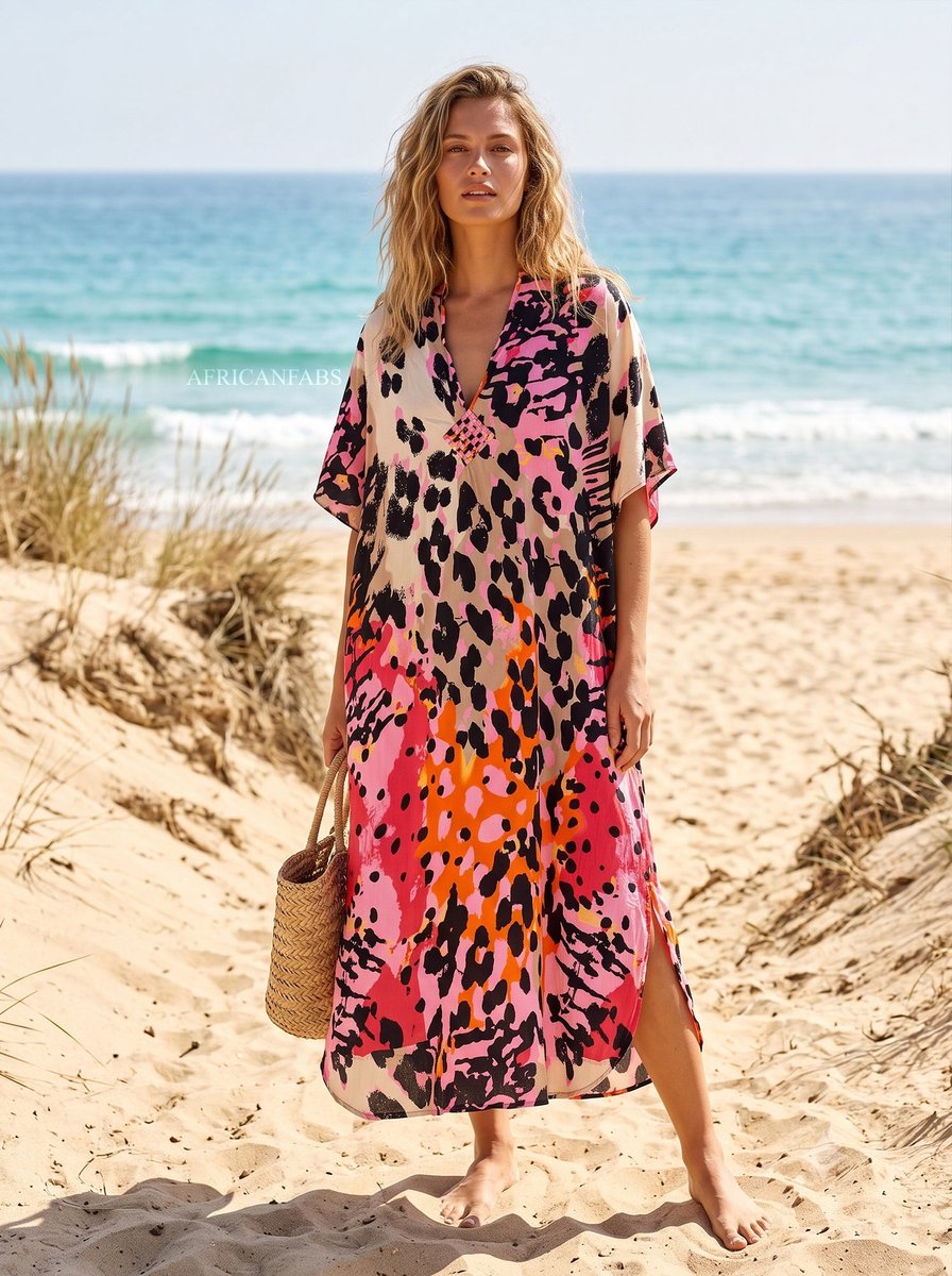 Boho rayon kaftan jurk - Roze Zwart Wild Blush - Strand Cover Up Caftan Maxi Jurk
