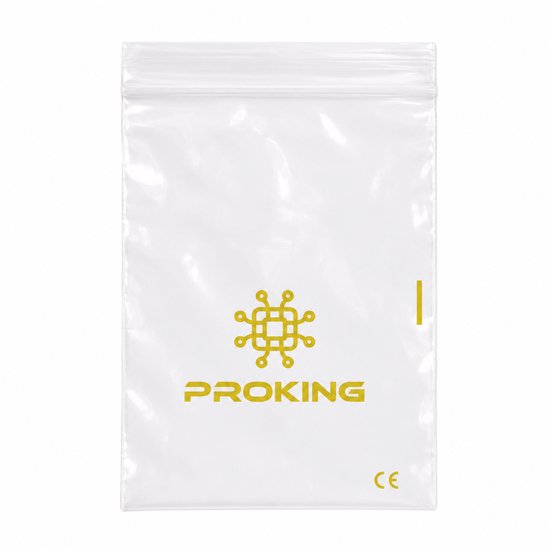 Zilverkleurig PROKING-logo en CE-markering op doorzichtige plastic verpakking.