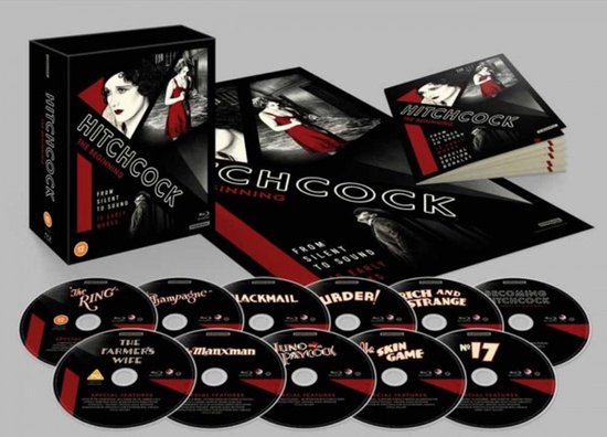 Blu-ray boxset 'Hitchcock: The Beginning' met de titels 'The Ring', 'Champagne', 'Blackmail', 'Murder!', 'Rich and Strange', 'Becoming Hitchcock', 'The Farmer's Wife', 'The Manxman', 'Juno and the Paycock' en 'The Skin Game'.